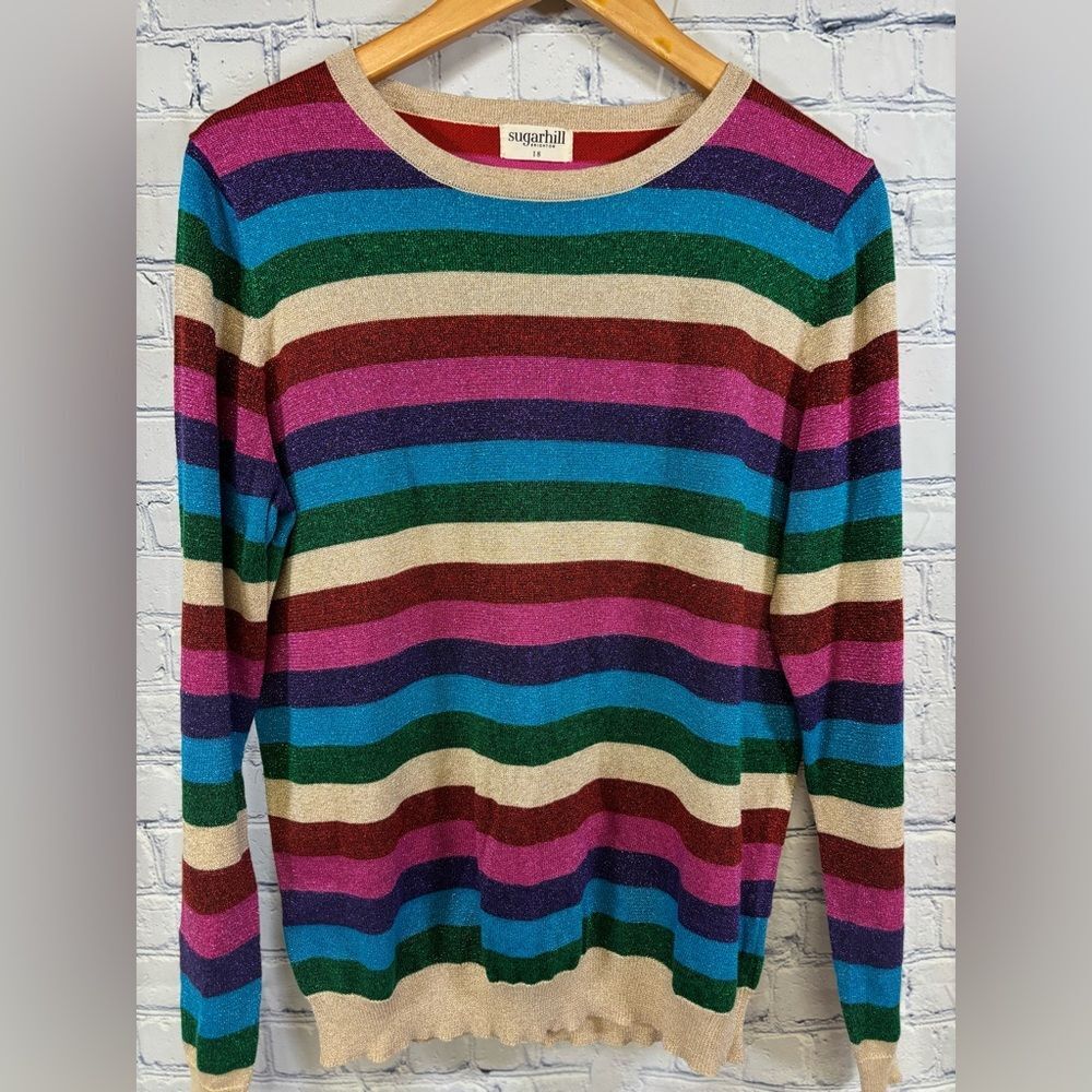 Sugarhill Brighton Alex Glitz Fun Vibrant Rainbow Striped Lurex Sweater Size XL